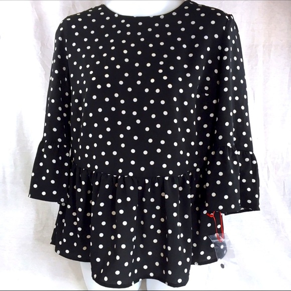 ELLE PEPLUM BELL SLEEVE POLKA DOT BLOUSE - Picture 2 of 9